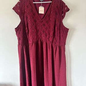 BloomChic Deep Red Lace Midi Dress